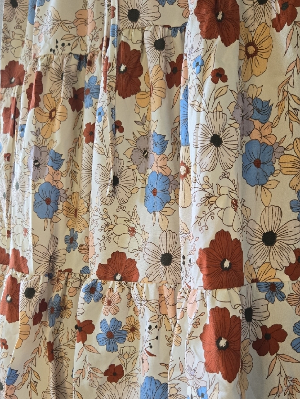 Tiered Floral Midi Skirt in Cream with Blue & Rust Flowers - Picture 2 of 5